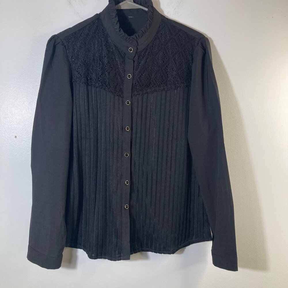 Womens Dark‎ Academia Pleated Button Shirt Ruffle Neck Lace Cut Out L Black